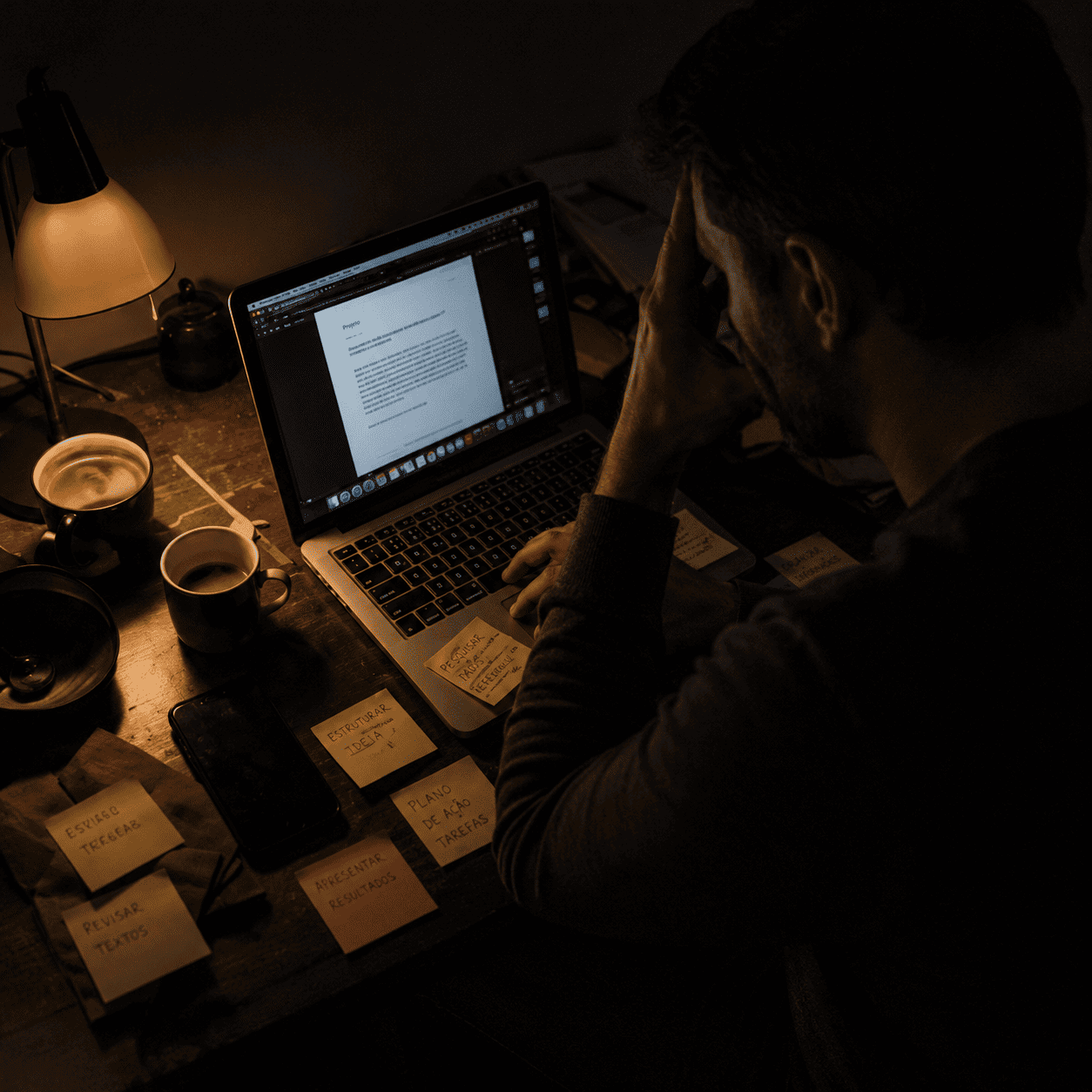 Mesa noturna com laptop, post-its e caf&eacute; frio