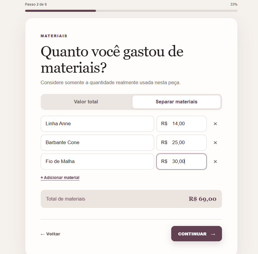 Campo de material na calculadora