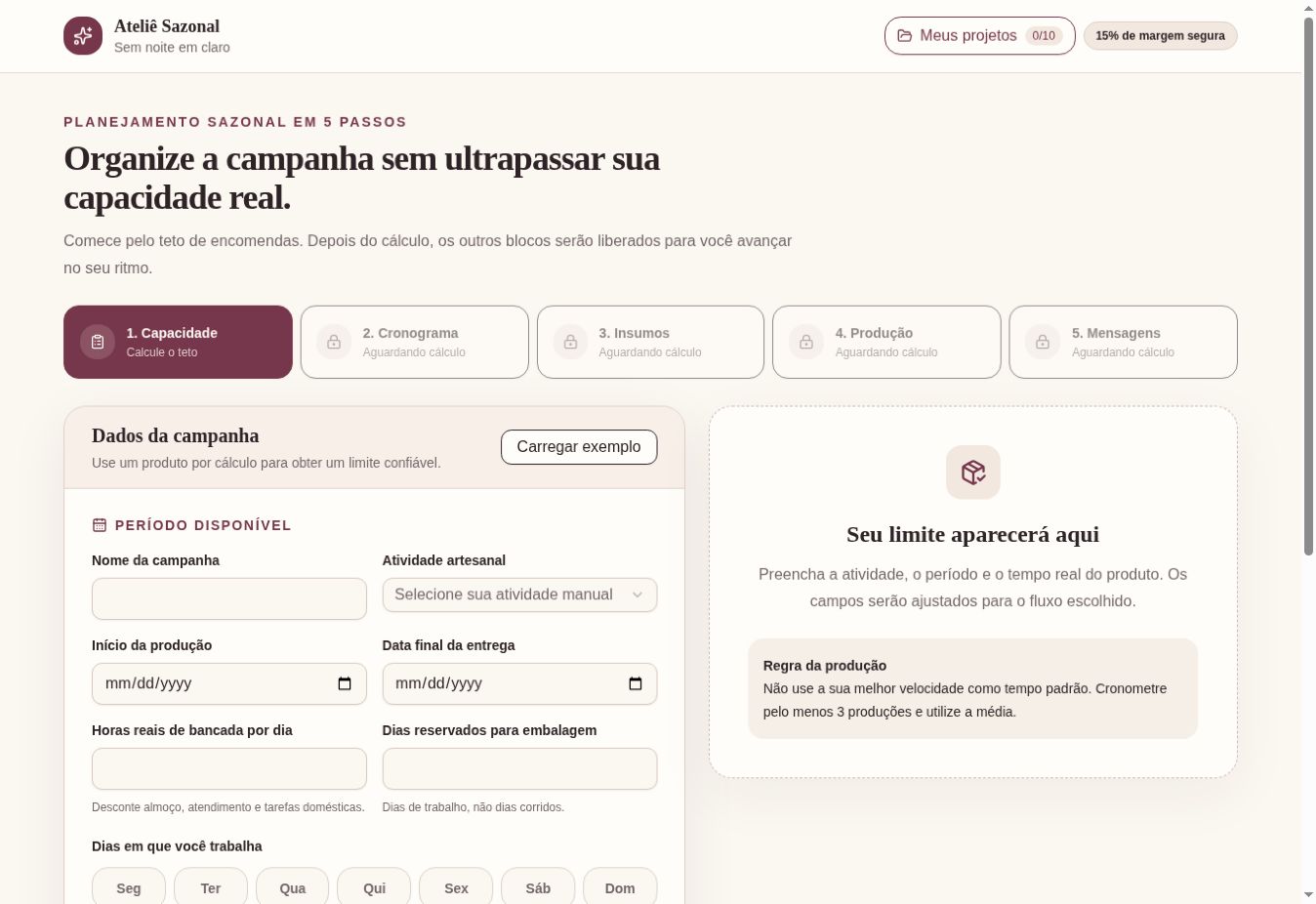 Visão geral da ferramenta com os cinco passos do planejamento e o formulário de dados da campanha.