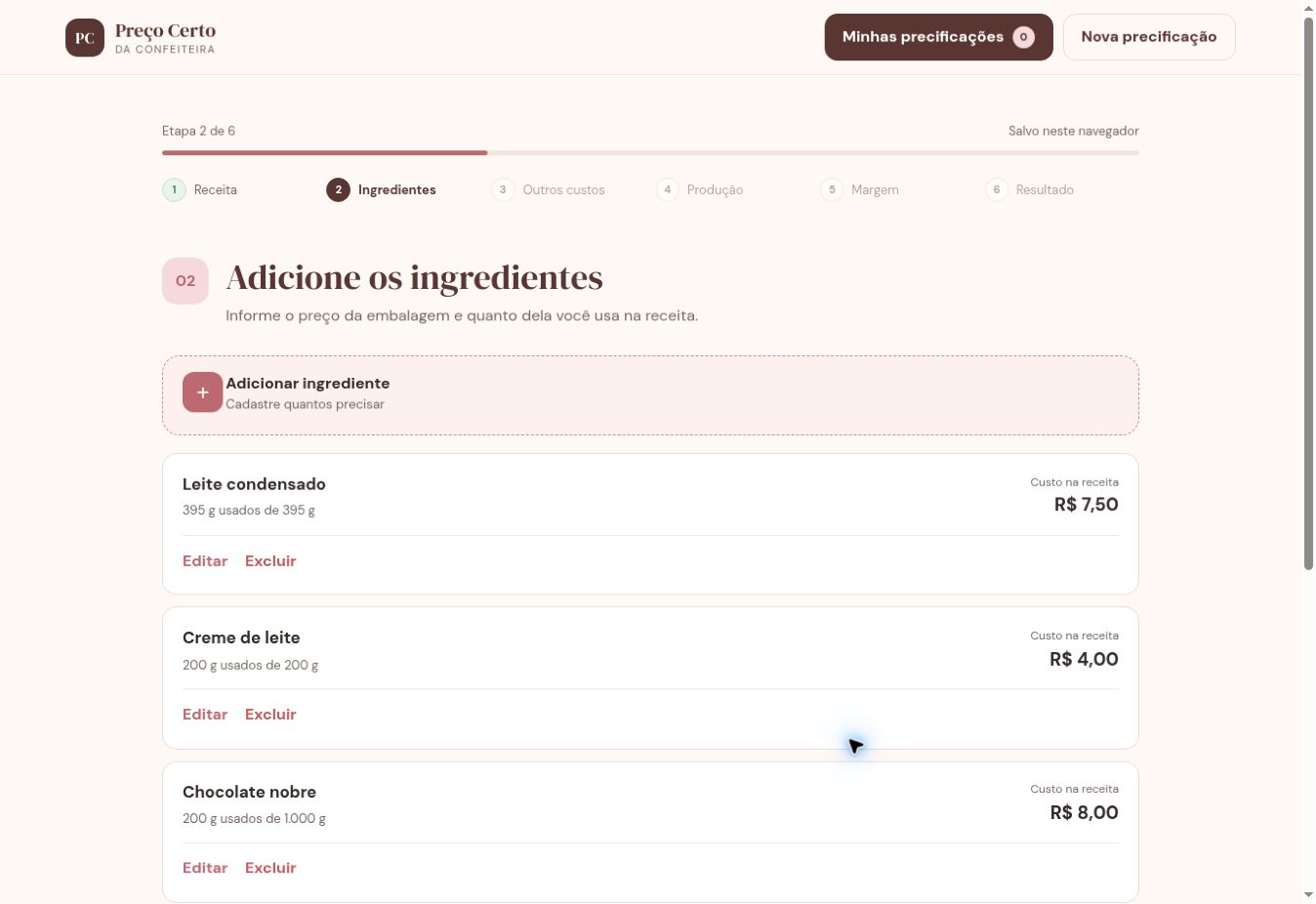 C&aacute;lculo de Ingredientes