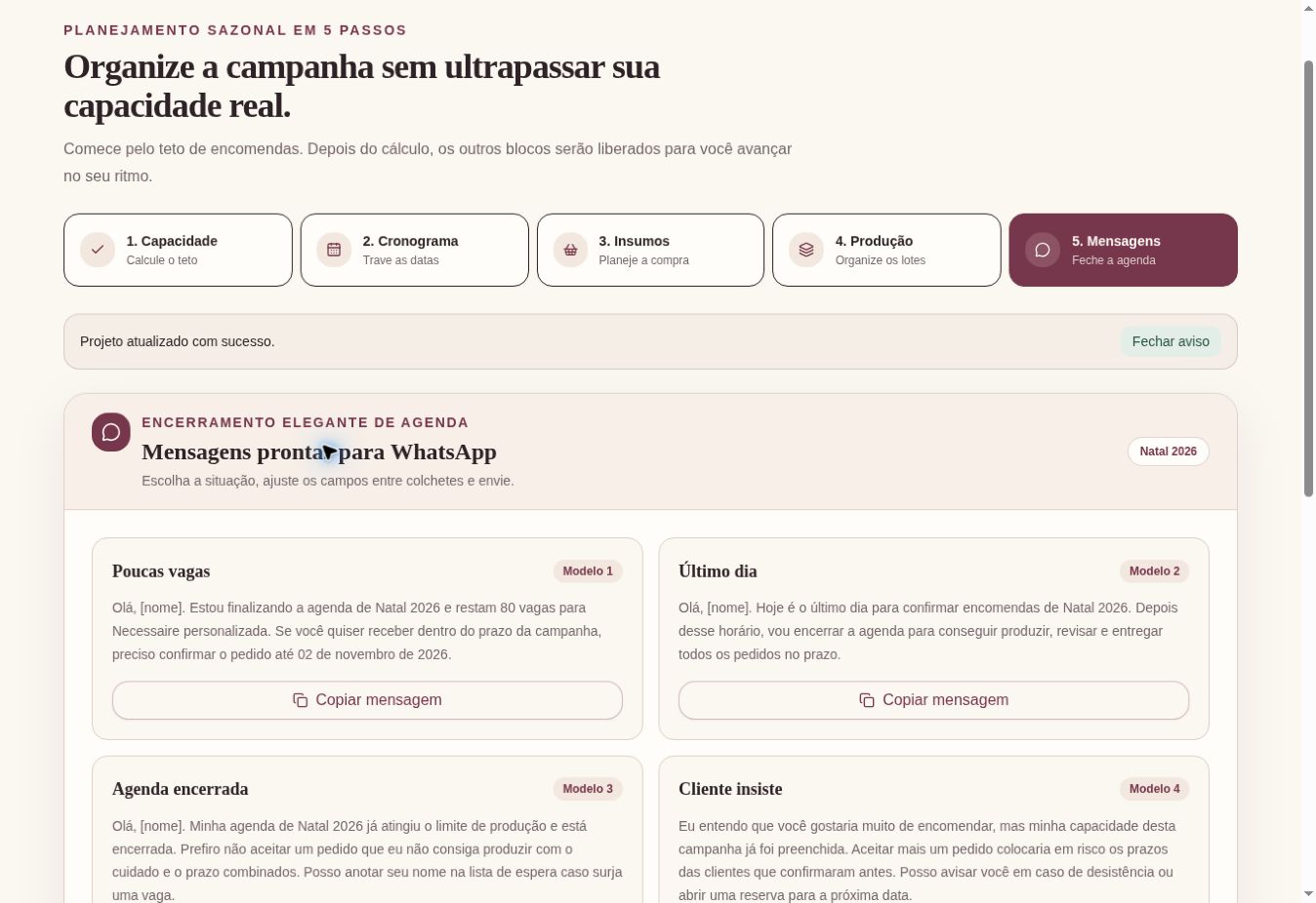 Modelos de mensagens prontas para WhatsApp dentro da ferramenta, com botão para copiar cada mensagem.