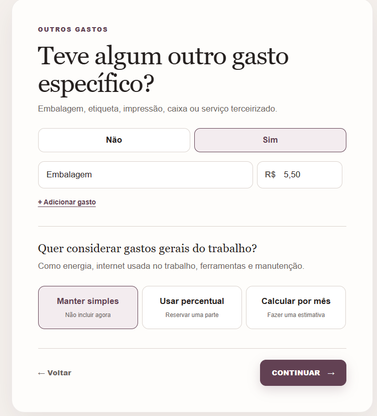 Campos de gastos e taxas na calculadora