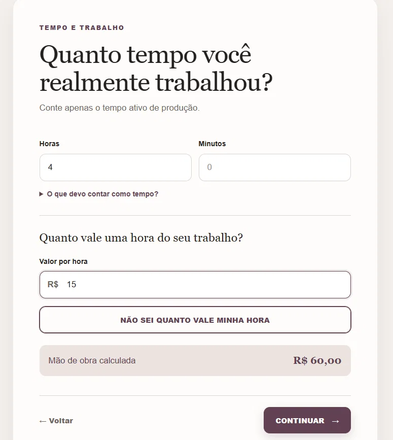 Campo de tempo de produção na calculadora