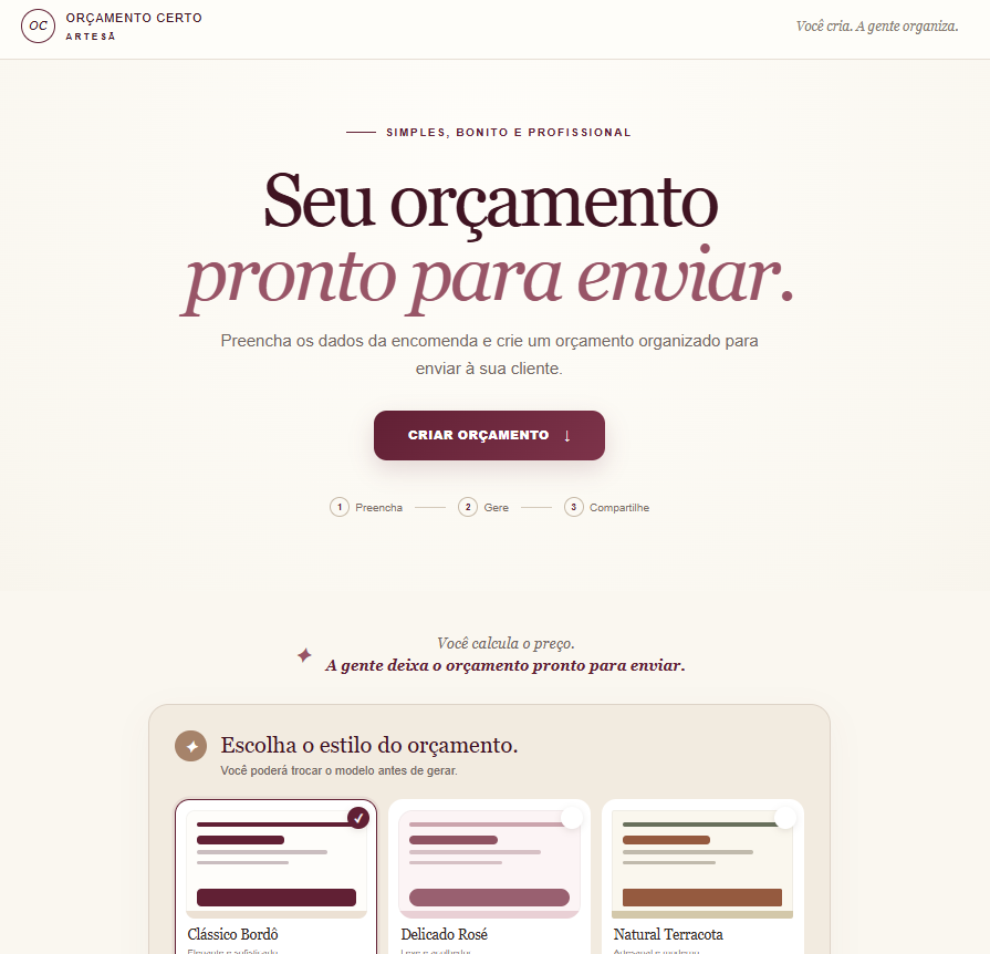 Visualiza&ccedil;&atilde;o da ferramenta Or&ccedil;amento Certo