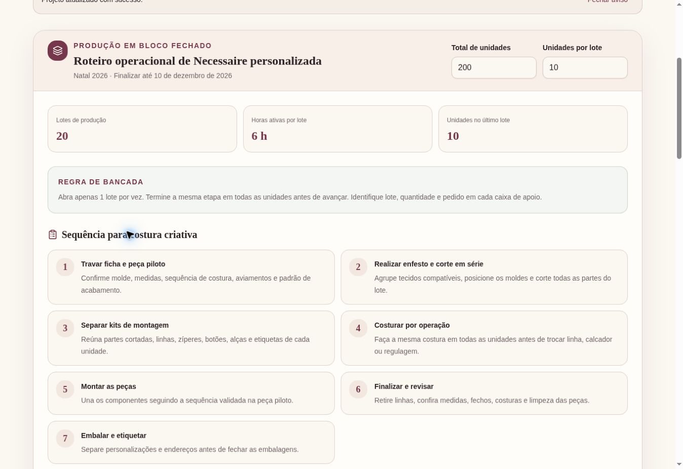 Sequência de produção para costura criativa com as sete etapas numeradas dentro da ferramenta.