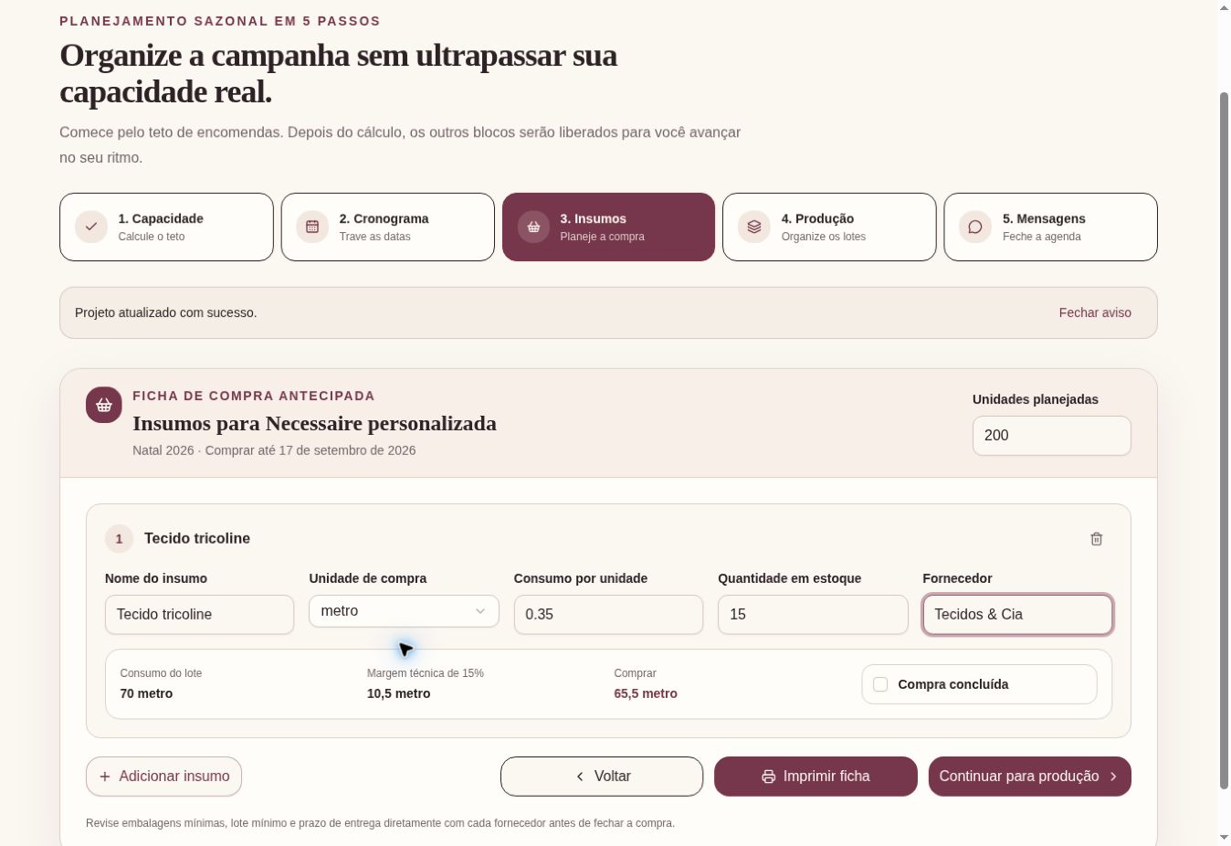Ficha de compra antecipada de insumos com consumo do lote, margem técnica de 15%, estoque e quantidade a comprar.
