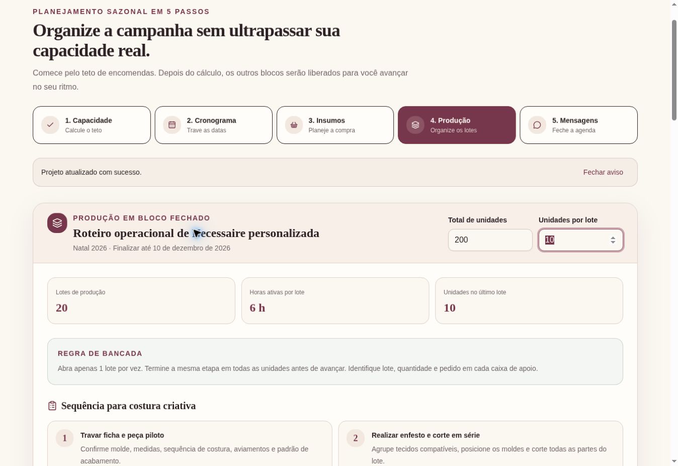 Tela de produção em bloco fechado com 20 lotes de produção, 6 horas ativas por lote e 10 unidades no último lote.