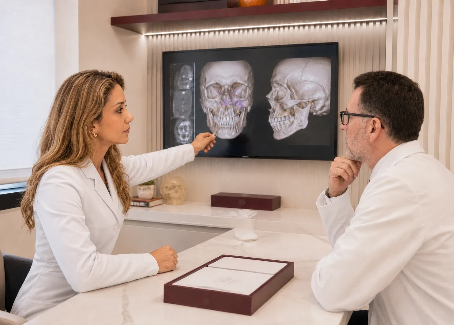 Dra. Letícia e Dr. Sérgio analisam um planejamento 3D da face em tela, na Sallus Maxilofacial