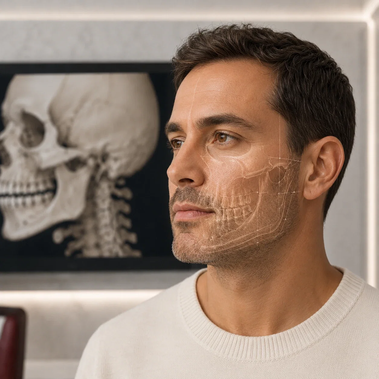 Perfil de paciente com sobreposição digital da anatomia óssea facial e imagem de crânio ao fundo, ilustrando planejamento em cirurgia bucomaxilofacial