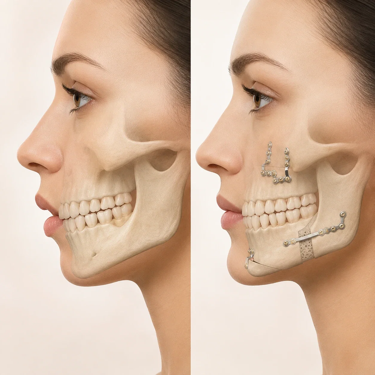 Ilustração médica comparativa de cirurgia ortognática: perfil facial antes e depois, mostrando a correção da mandíbula e maxila com placas e parafusos